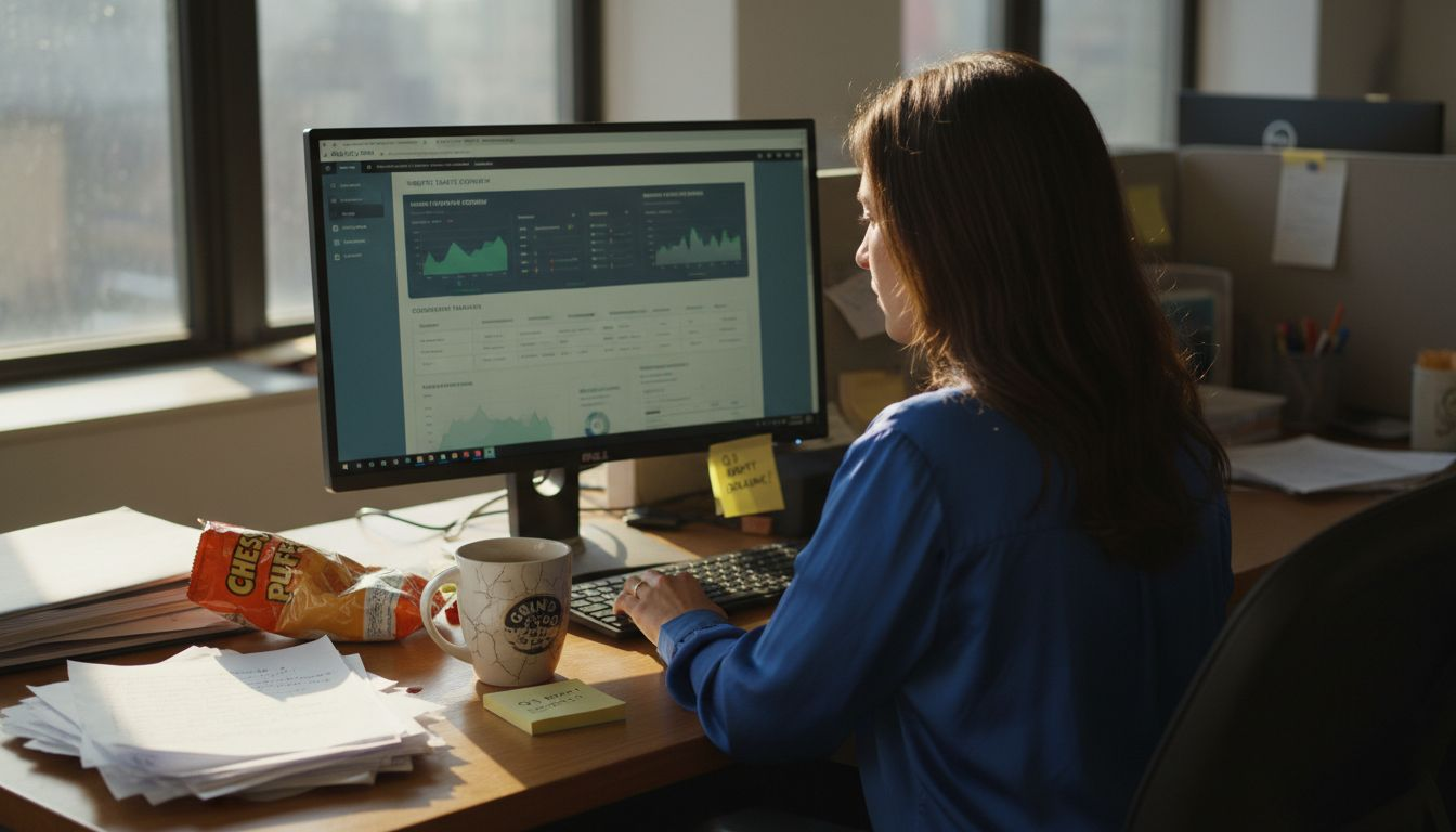 Marketer reviewing analytics with cluttered desk