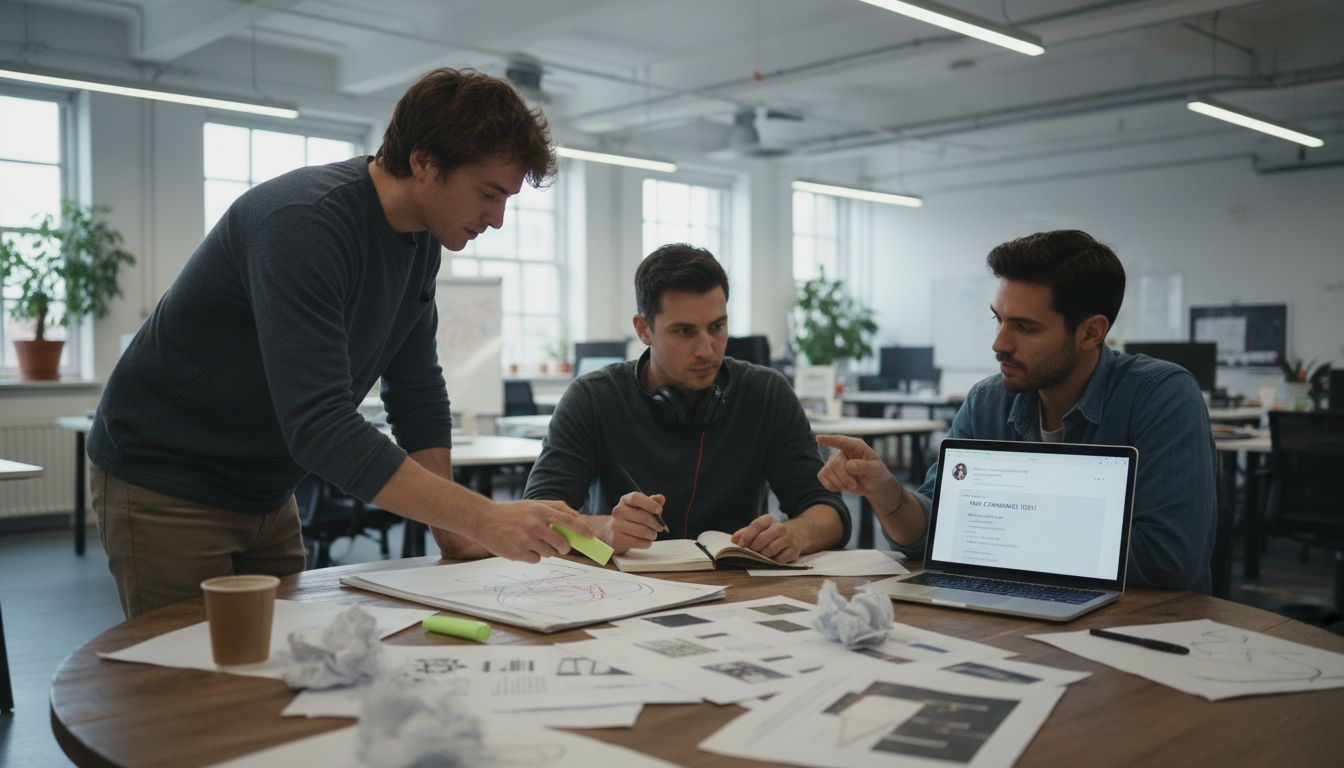 Creative team planning ad messaging at table