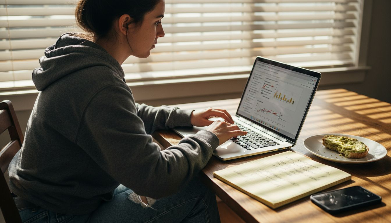 Woman researching keywords for paid search at kitchen table