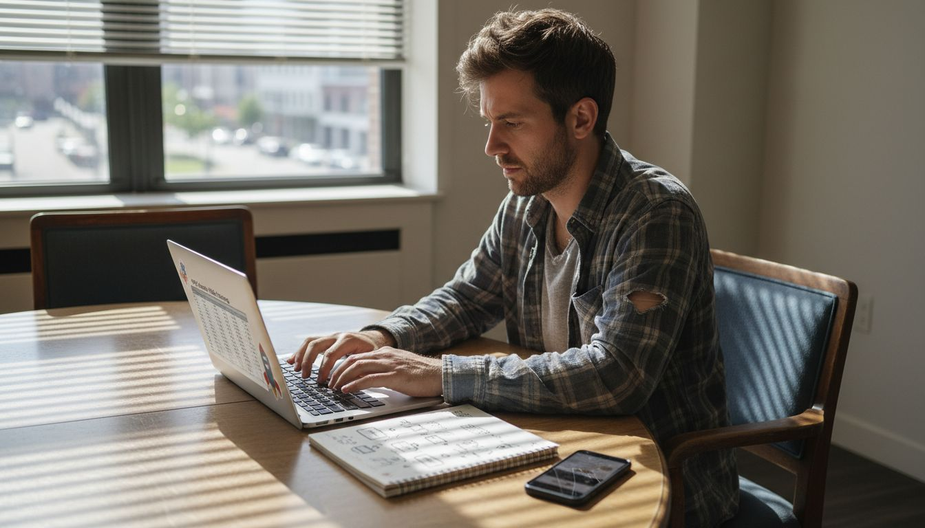 Marketer managing PPC auction on laptop