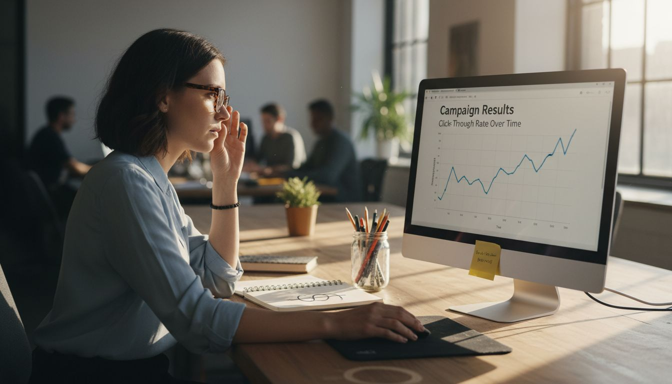 Marketer analyzing PPC campaign metrics at desk
