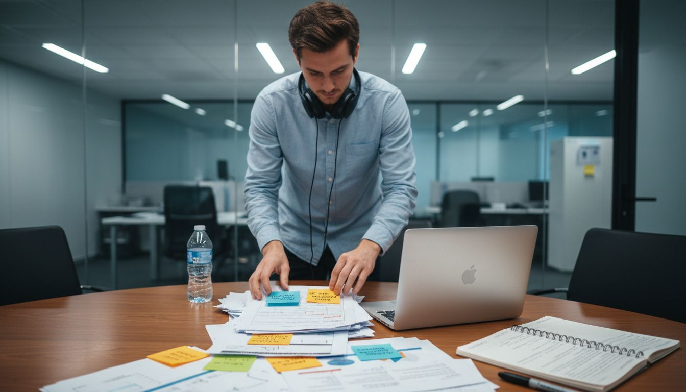 Marketer organizing PPC account structure at table