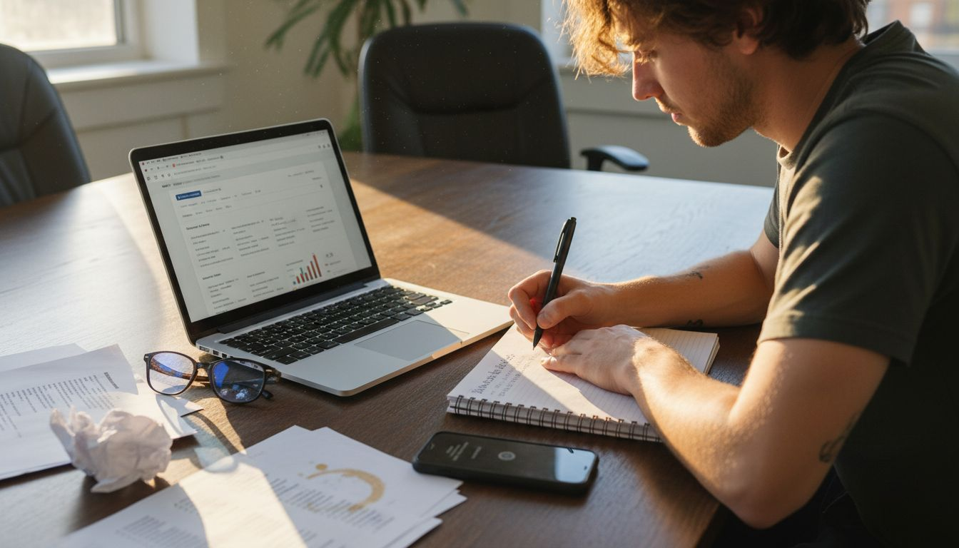 Marketer researching keywords on desk