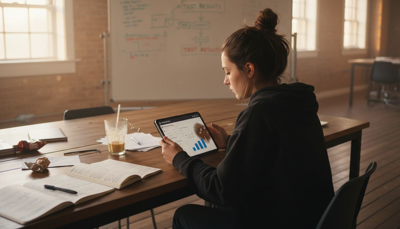 Digital marketer reviewing campaign stats in workspace