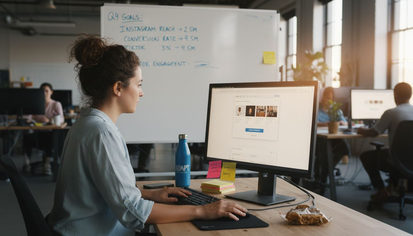 Marketer sets up paid social ads at desk