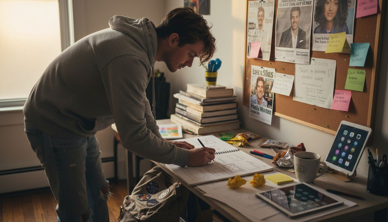 Ad designer sketching at cluttered desk