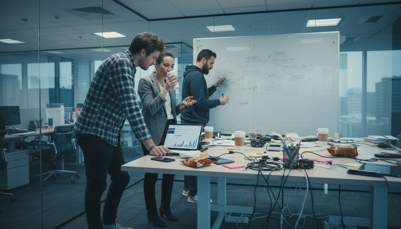 Marketing team discussing video ad strategy