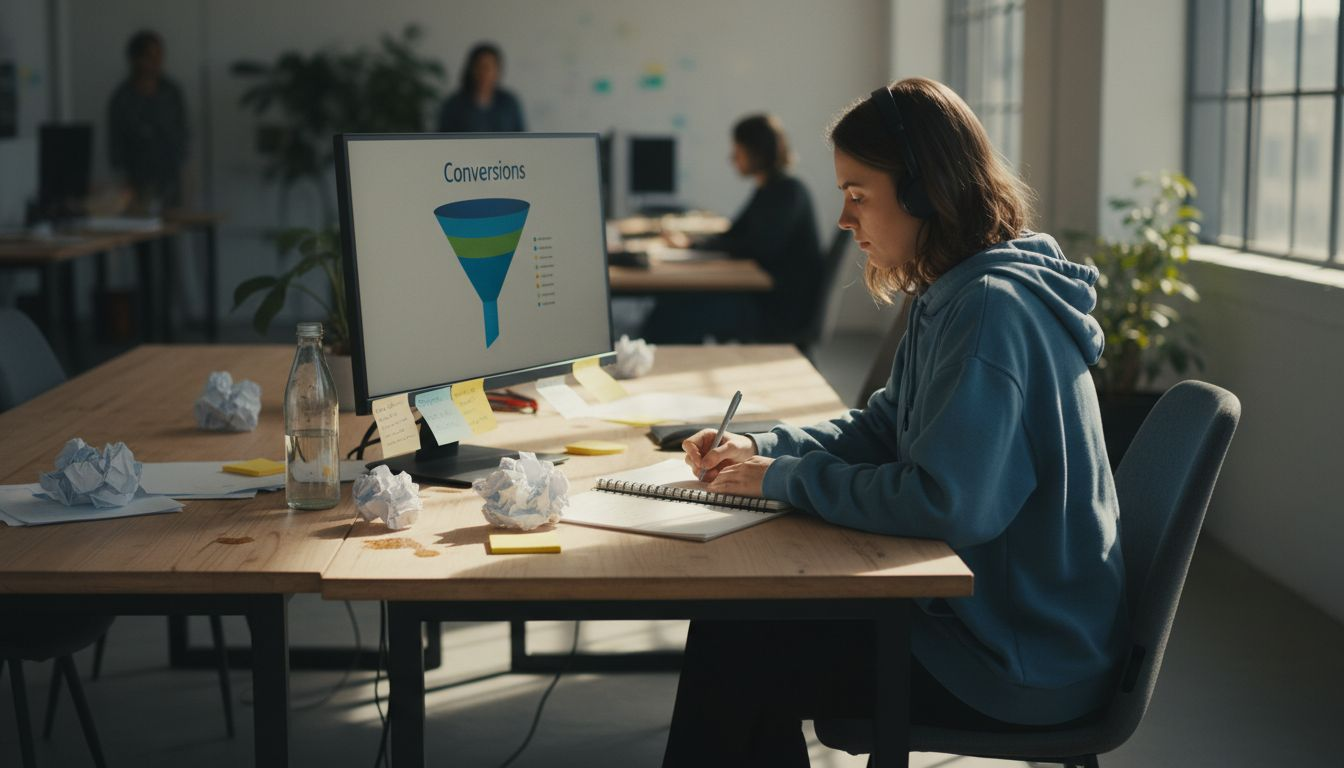 Analyst reviewing conversion data and metrics