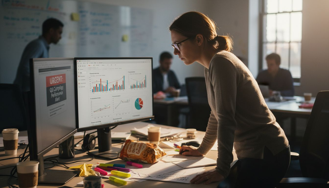 Analyst reviewing ad campaign metrics at desk