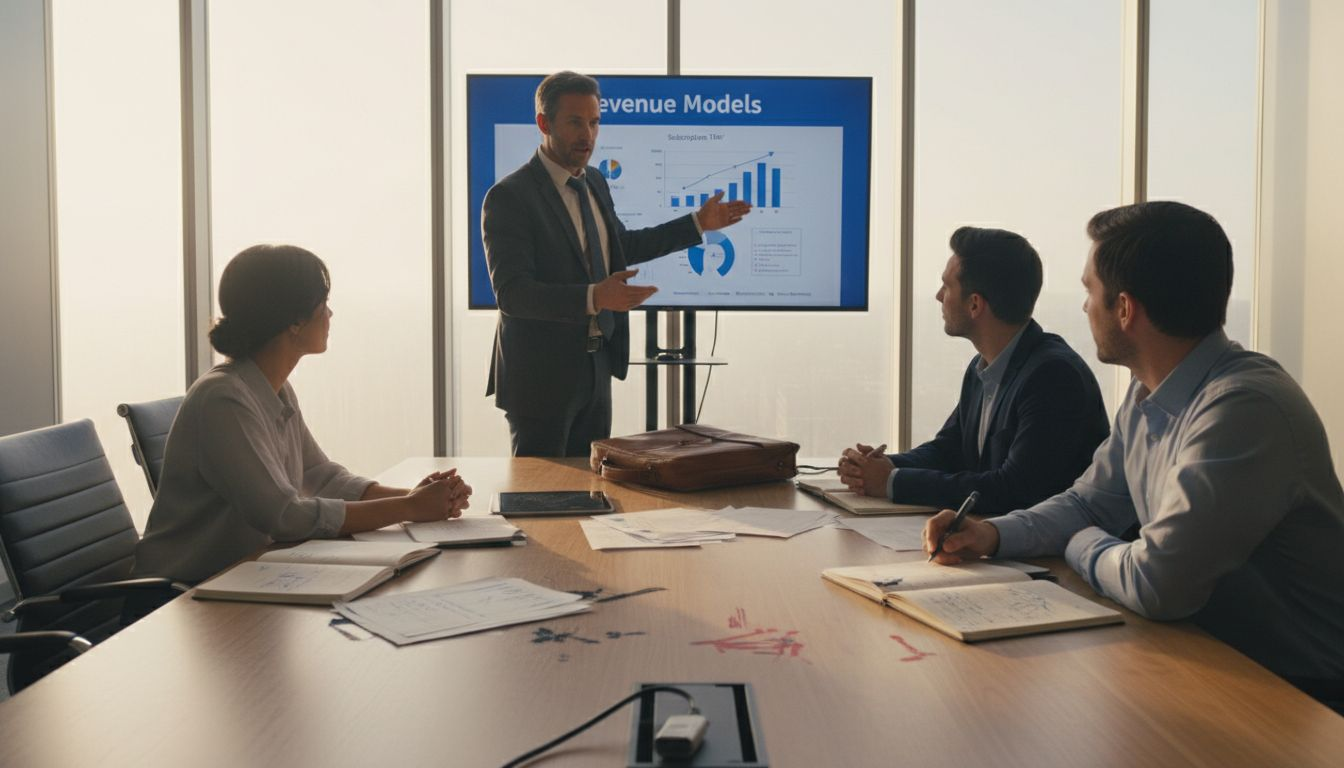 Business team discussing revenue models in boardroom