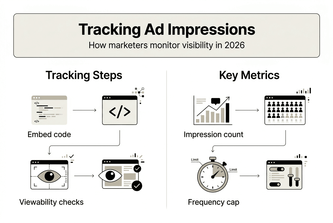 Infographic showing ad impression tracking steps and metrics