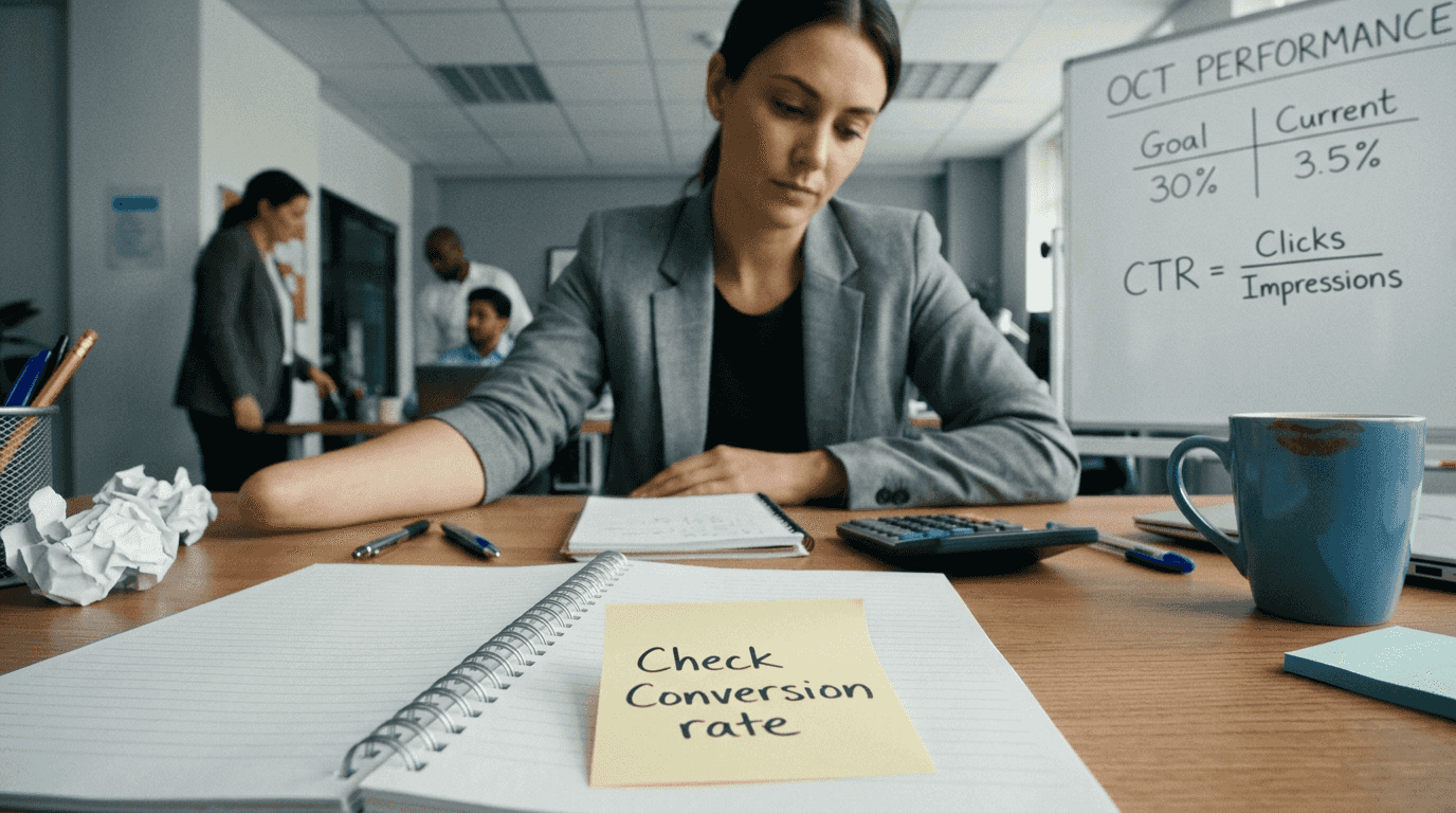 Woman calculating CTR at cluttered table