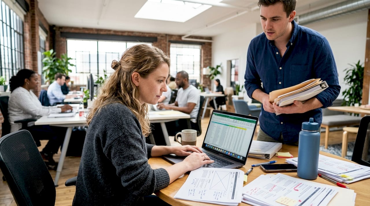 Strategist auditing content assets in workspace