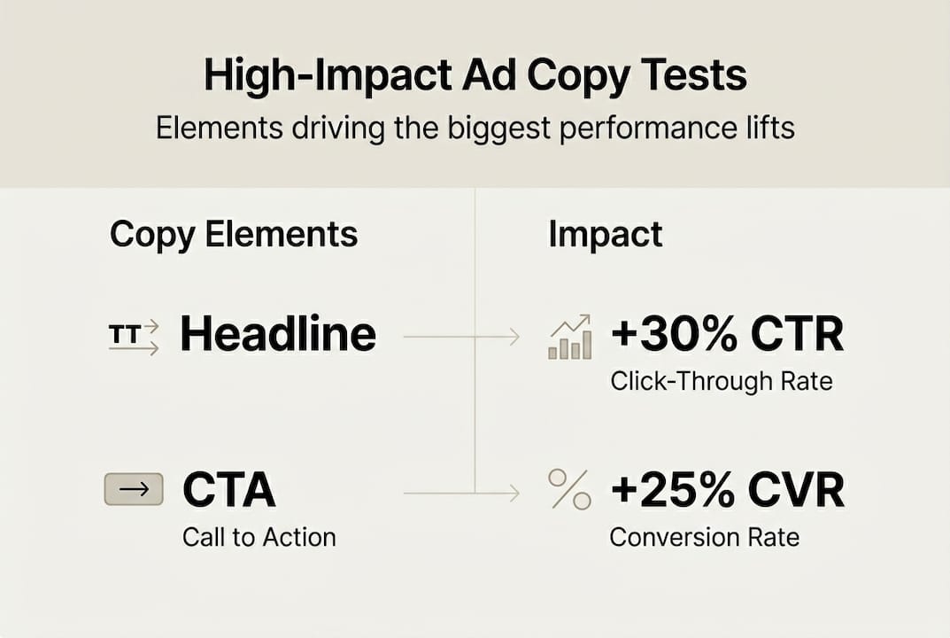 Infographic showing key ad copy test elements and impact