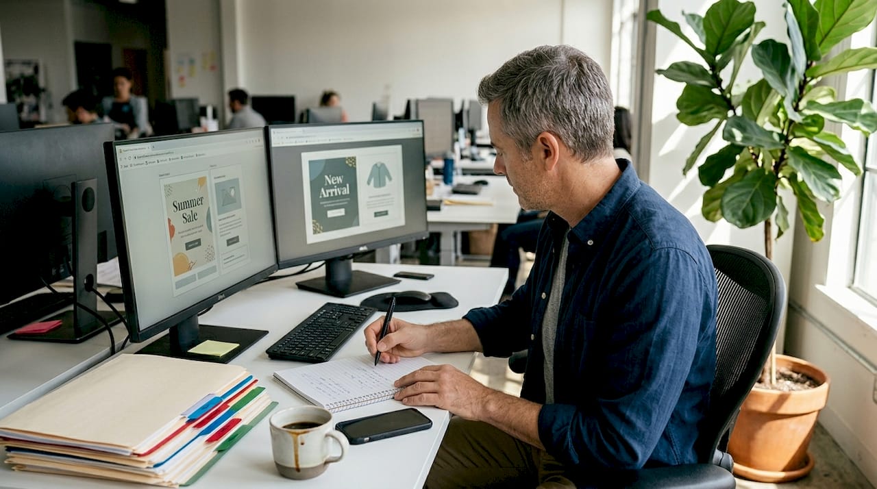 Man compares two ad versions on dual monitors