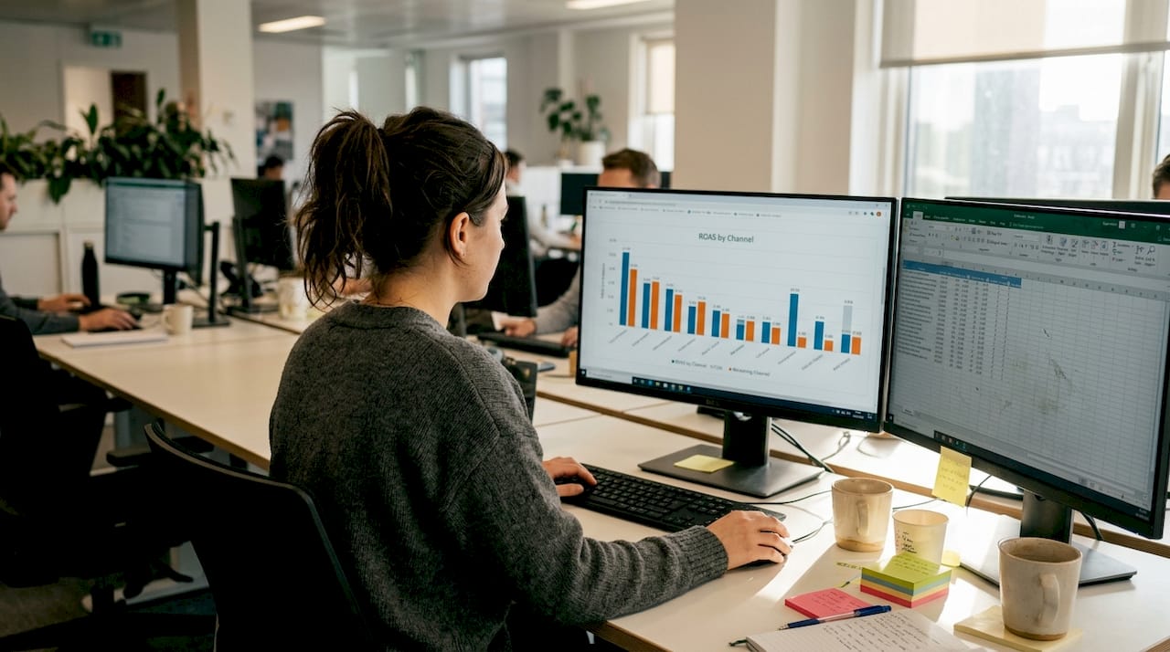 Marketer reviews ROAS results on office computer