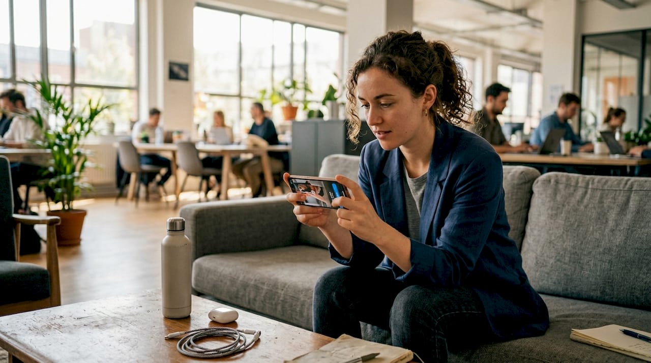 Professional watching mobile video ad on sofa