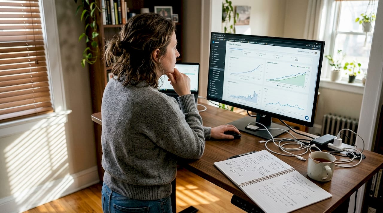 Marketer reviewing video ad performance data