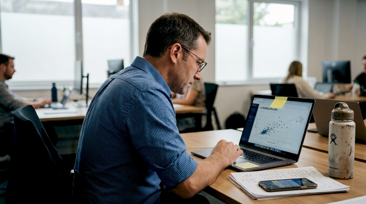 Strategist reviewing AI bidding results dashboard