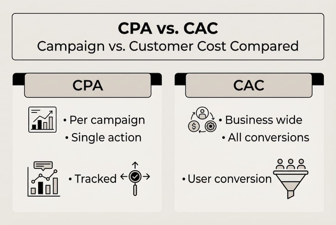 Infographic comparing CPA and CAC key differences