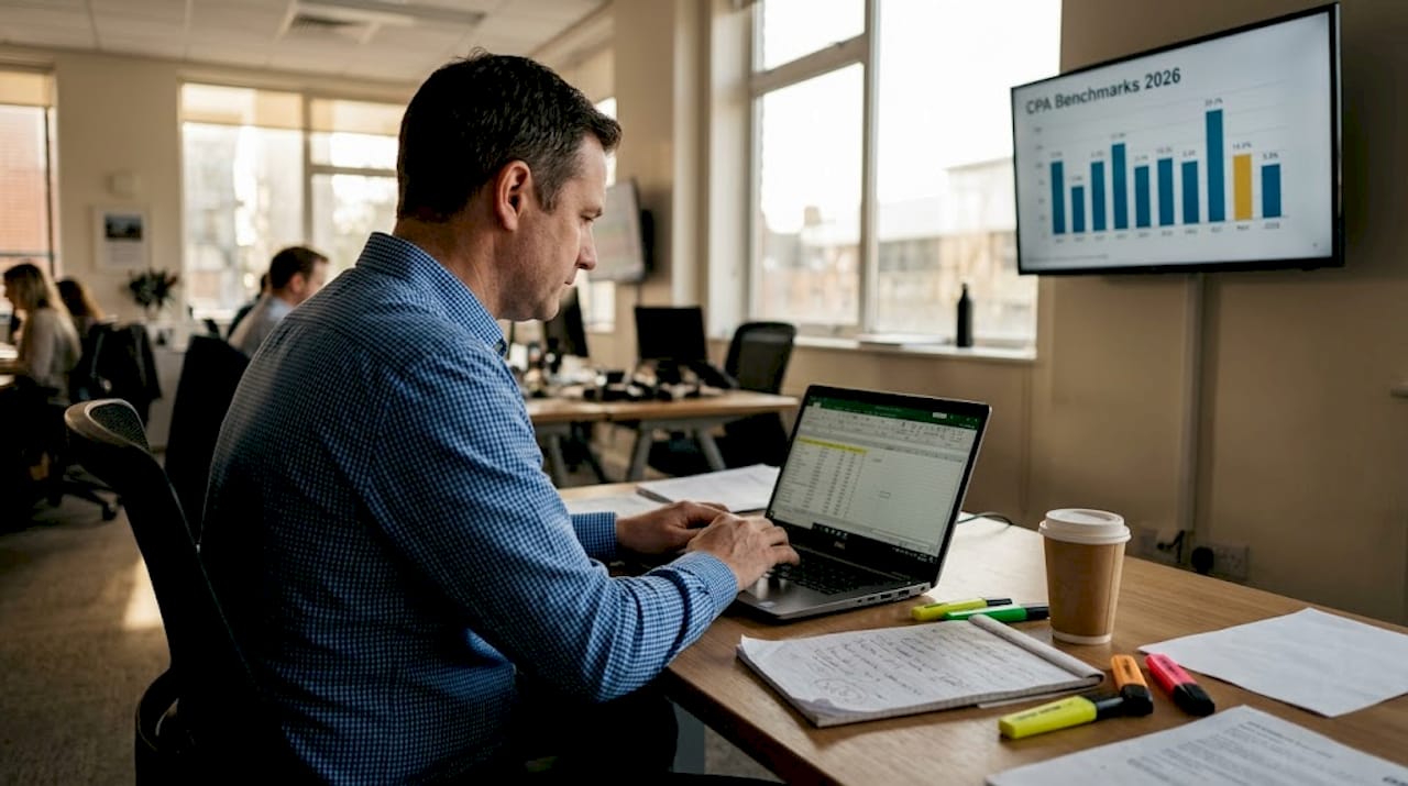 Man entering data at cluttered workspace