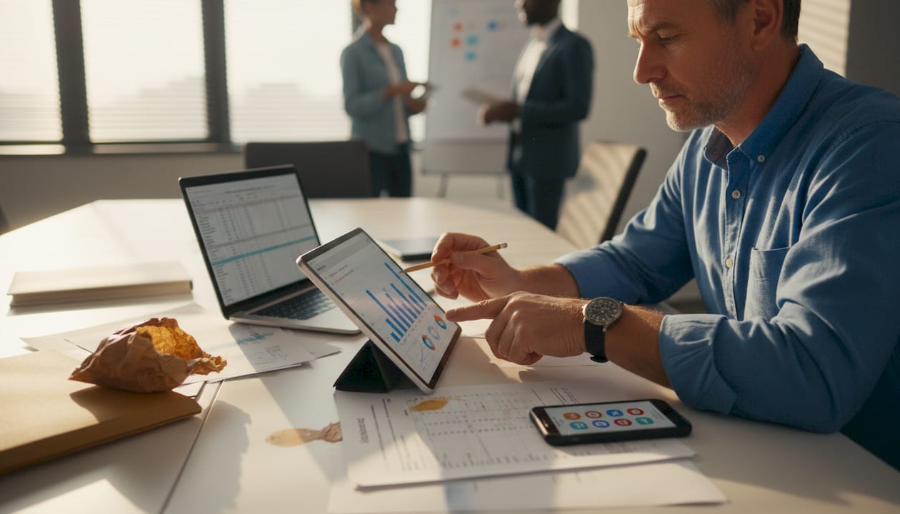 Person examining digital ad report tablet