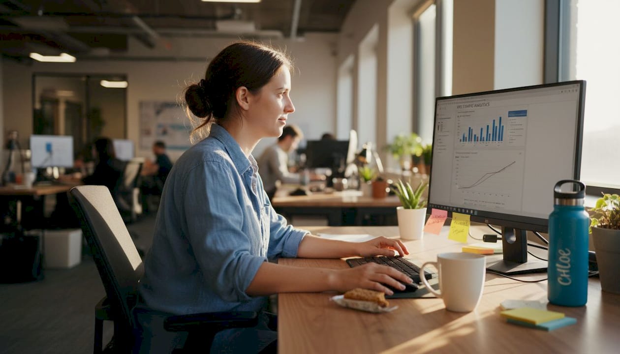 Marketer reviewing website analytics at desk