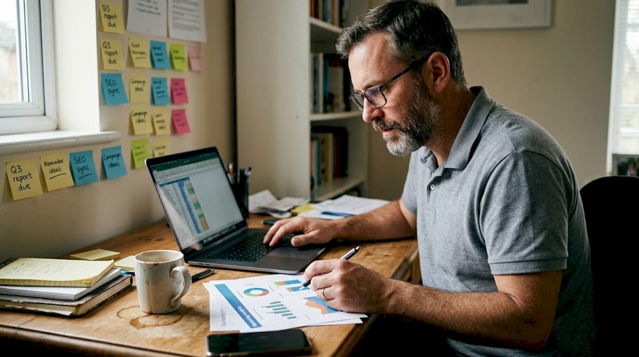 Manager studying marketing analytics printouts