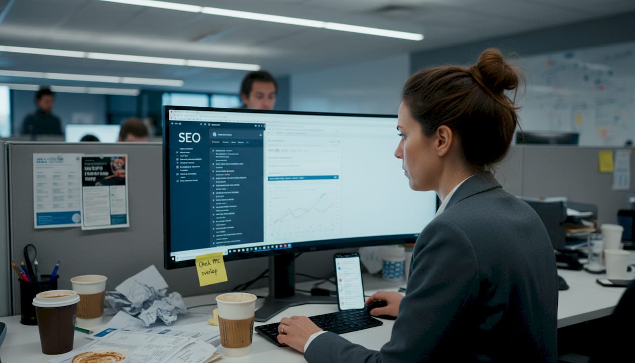 Manager checks branded SEO performance dashboard