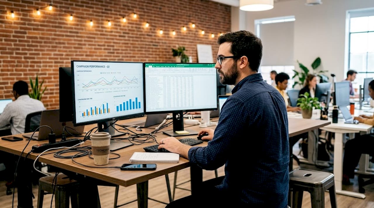 Data analyst reviewing multi-channel performance charts