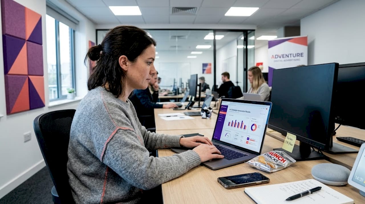 Analyst reviews AI ad automation dashboard