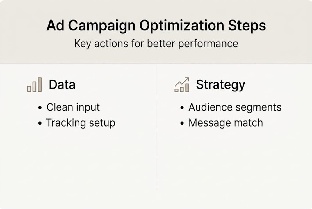 Infographic showing ad optimization steps and categories