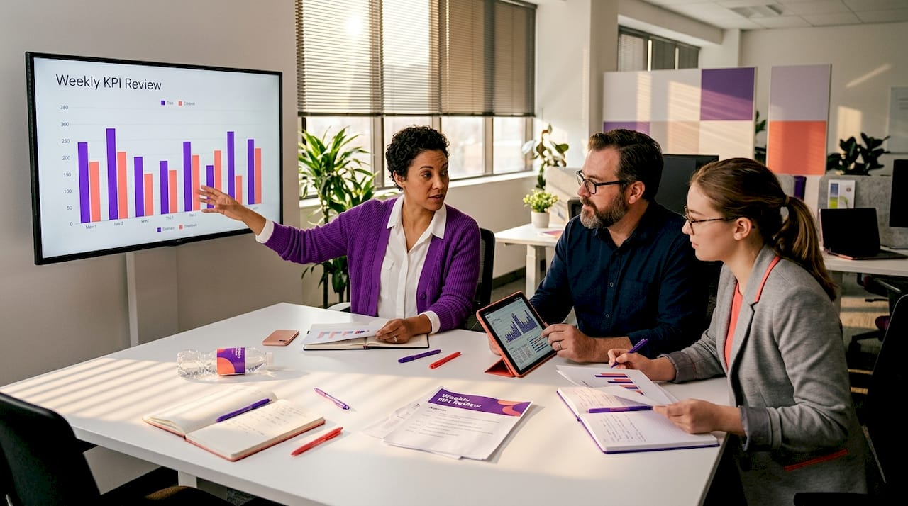 Team reviewing weekly marketing metrics