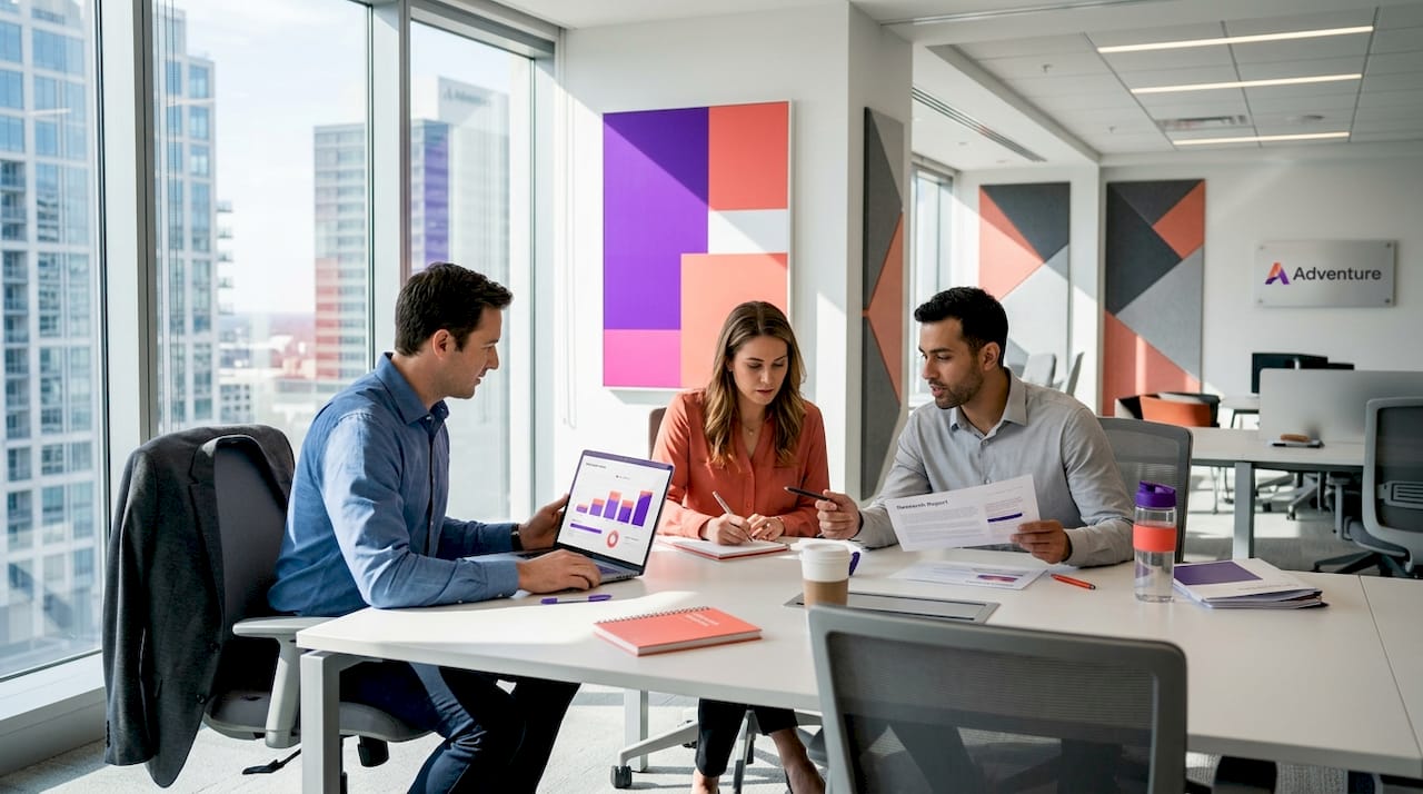Enterprise buying group meeting in workspace