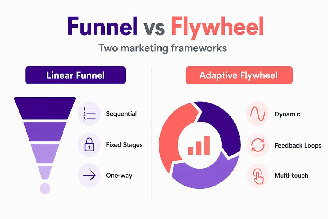 Infographic comparing funnel versus flywheel models