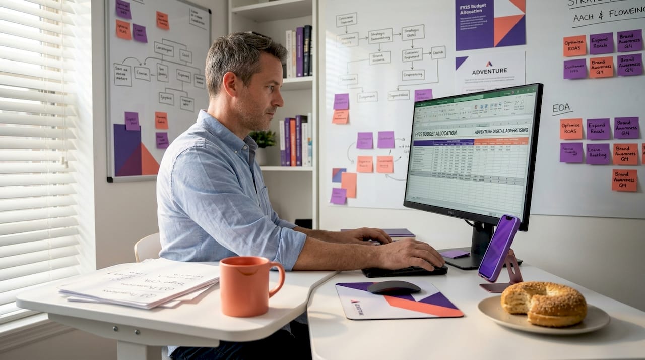 Man monitoring digital campaign budgets at desk