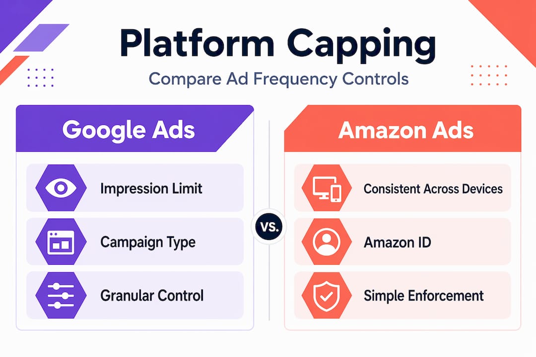 Infographic comparing Google and Amazon ad capping