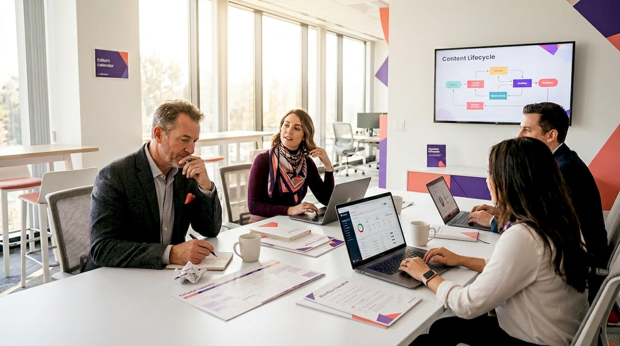 Enterprise team reviewing content workflow together