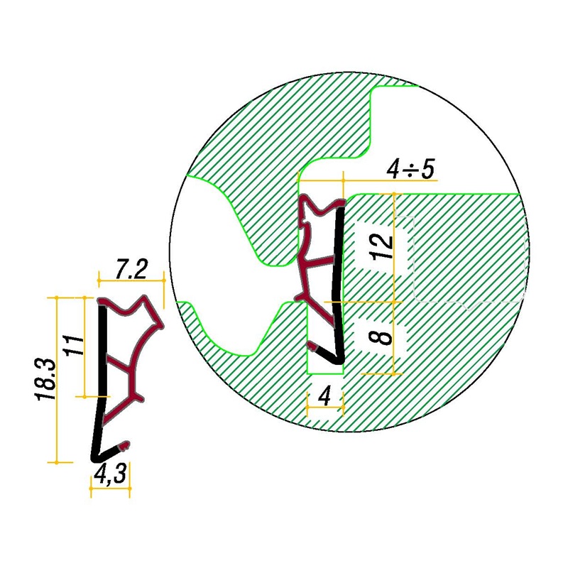 Garnitura pt. ferestre • falt 12mm • canal 4/5x8 • art. G0278TC • TPV coextrudat