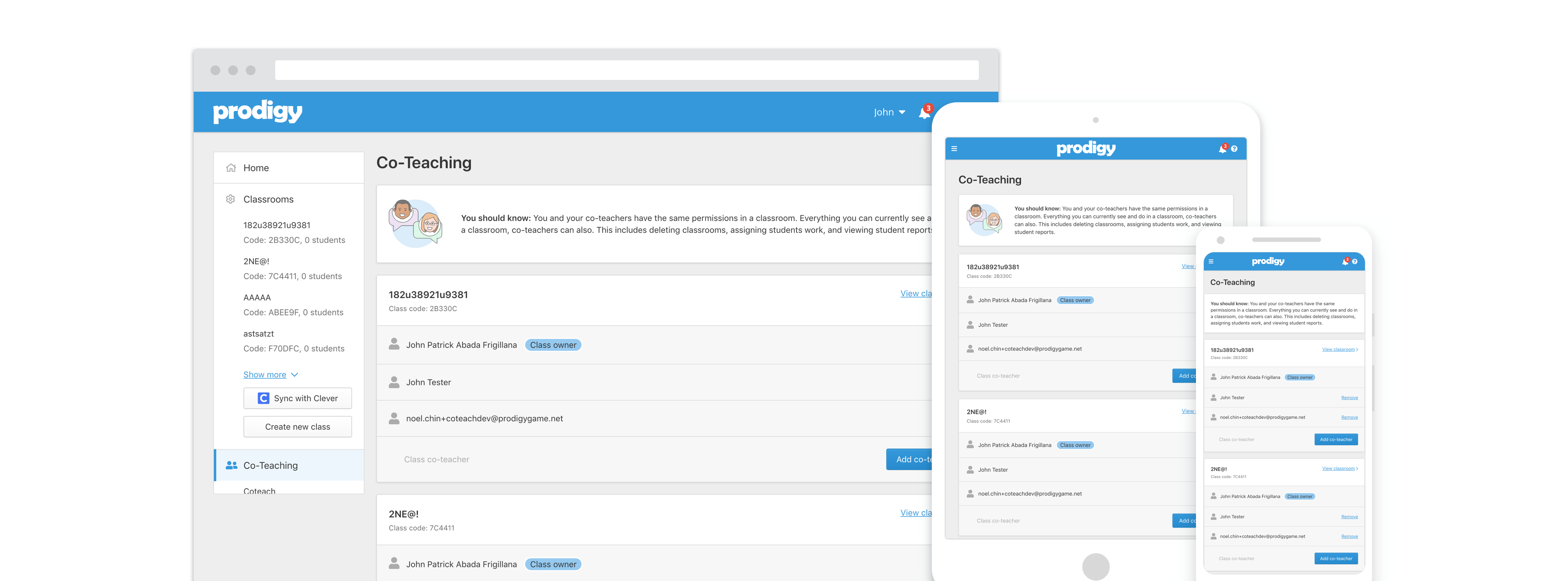 Teacher app Co-teaching screen in desktop, tablet, and mobile views