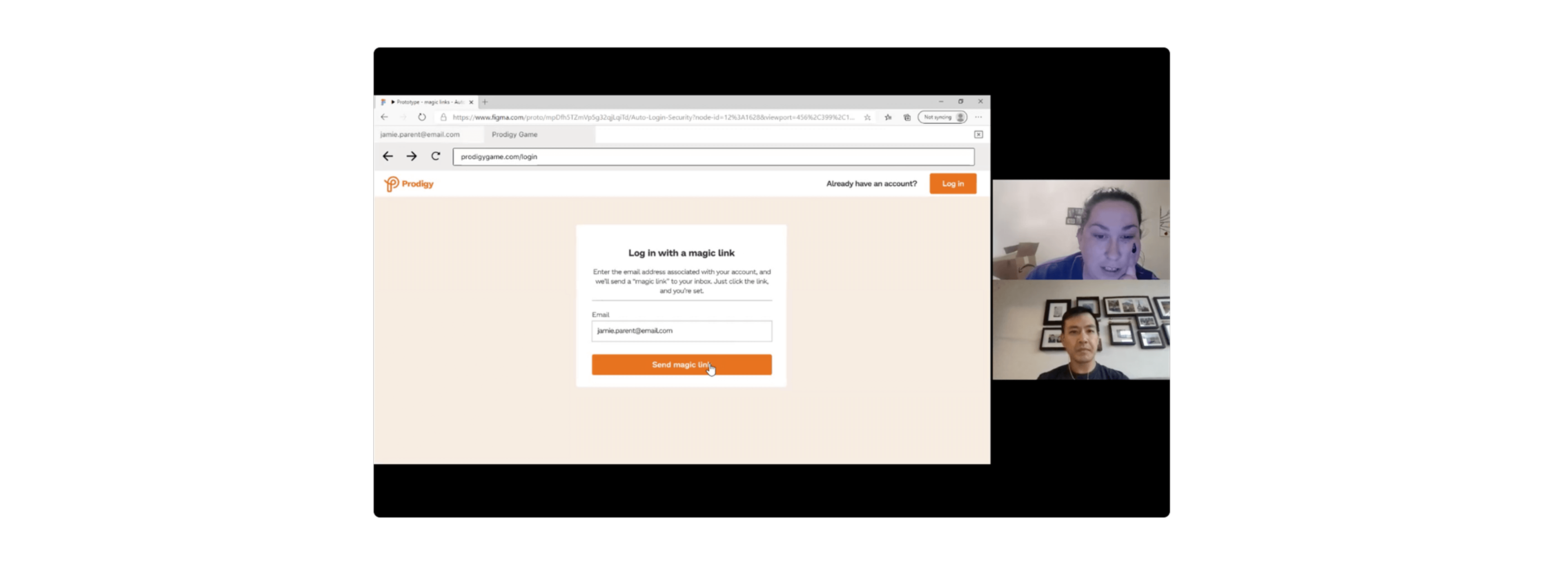 Screenshot of usability testing with a Prodigy parent.