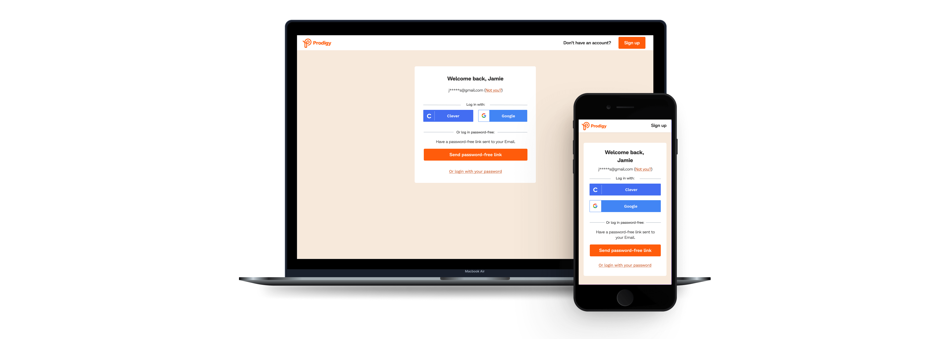 Newly designed login screen containing magic links solution in desktop and mobile resolutions.