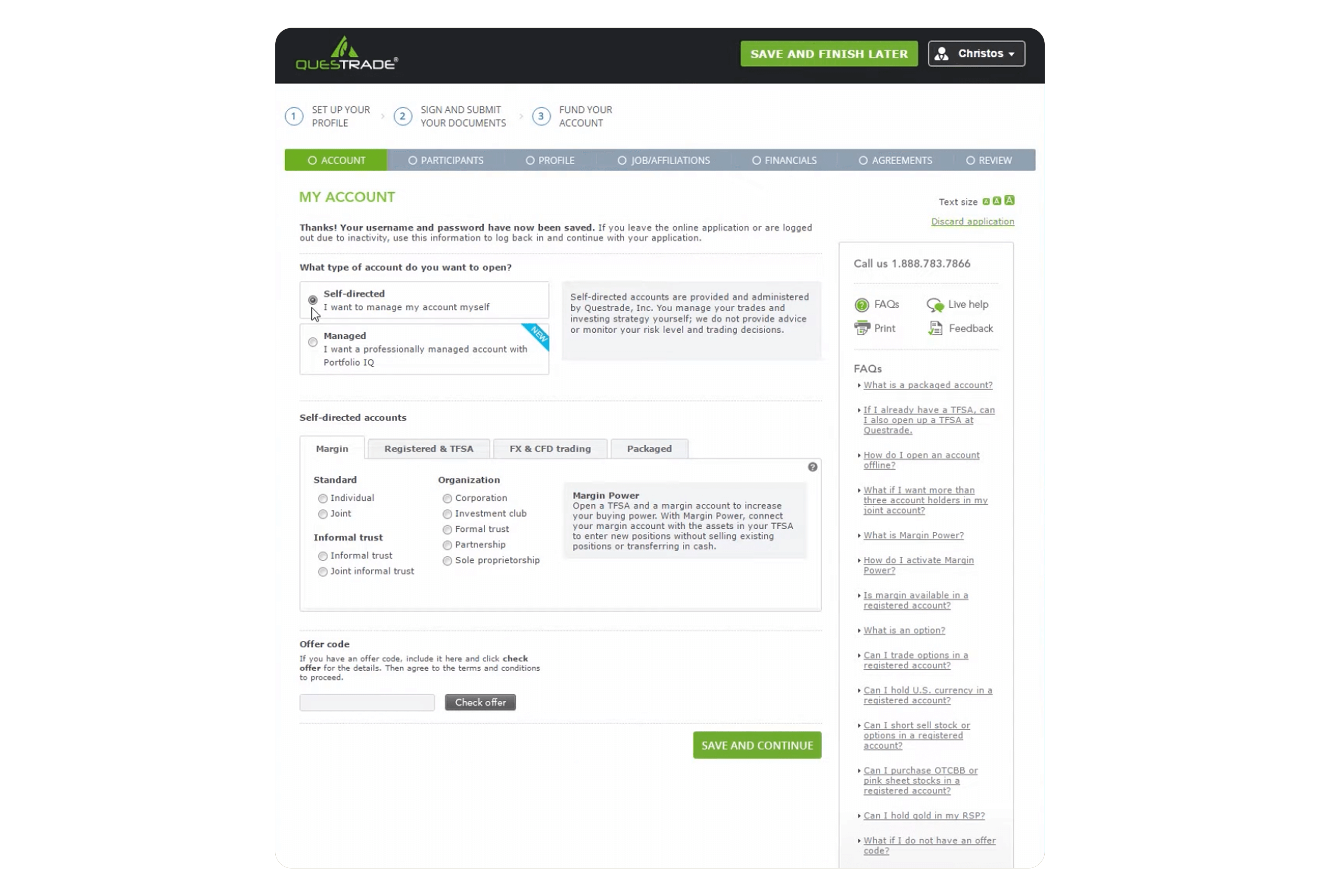 Existing state account selection screen.
