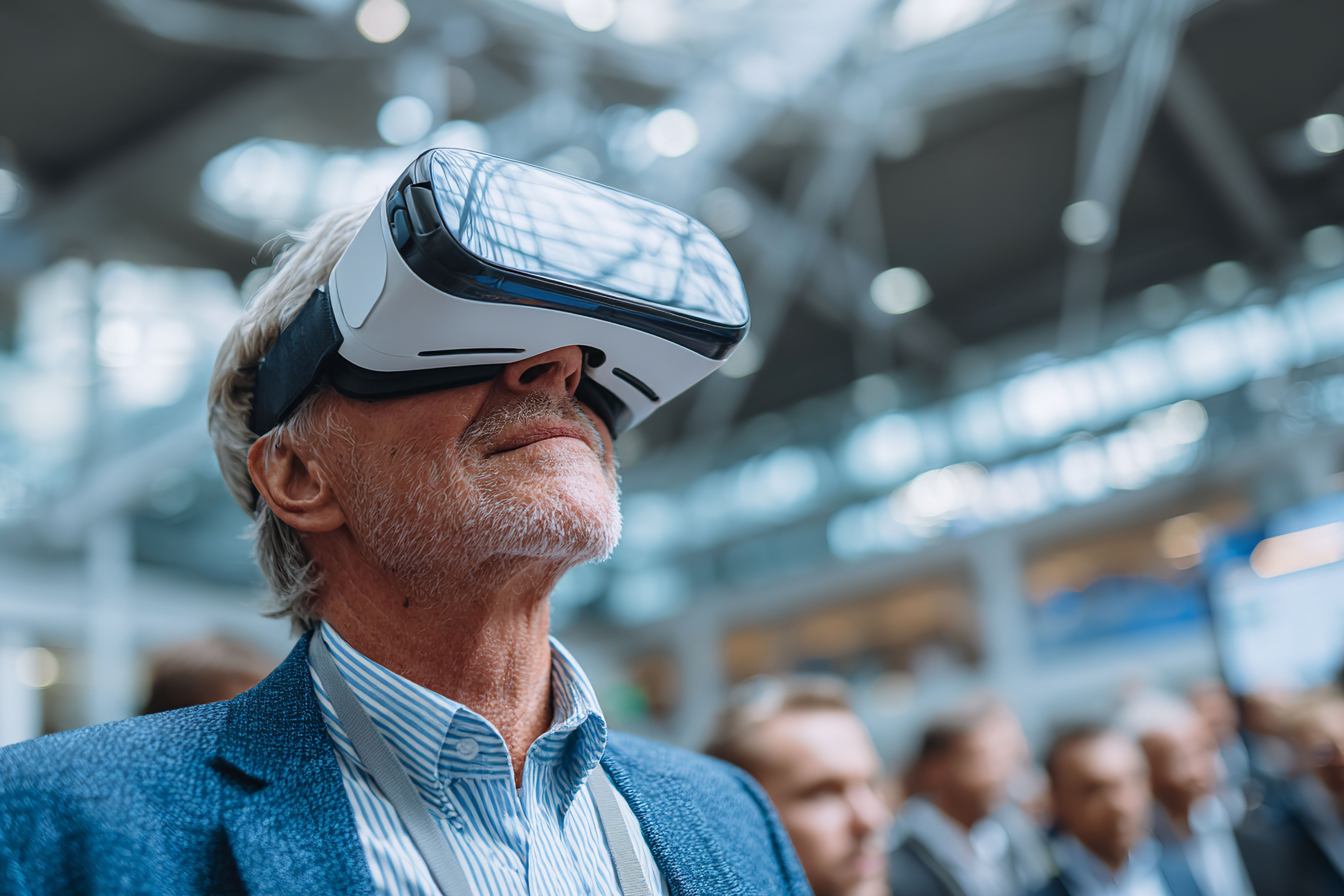 man using virtual reality glasses at a trade show