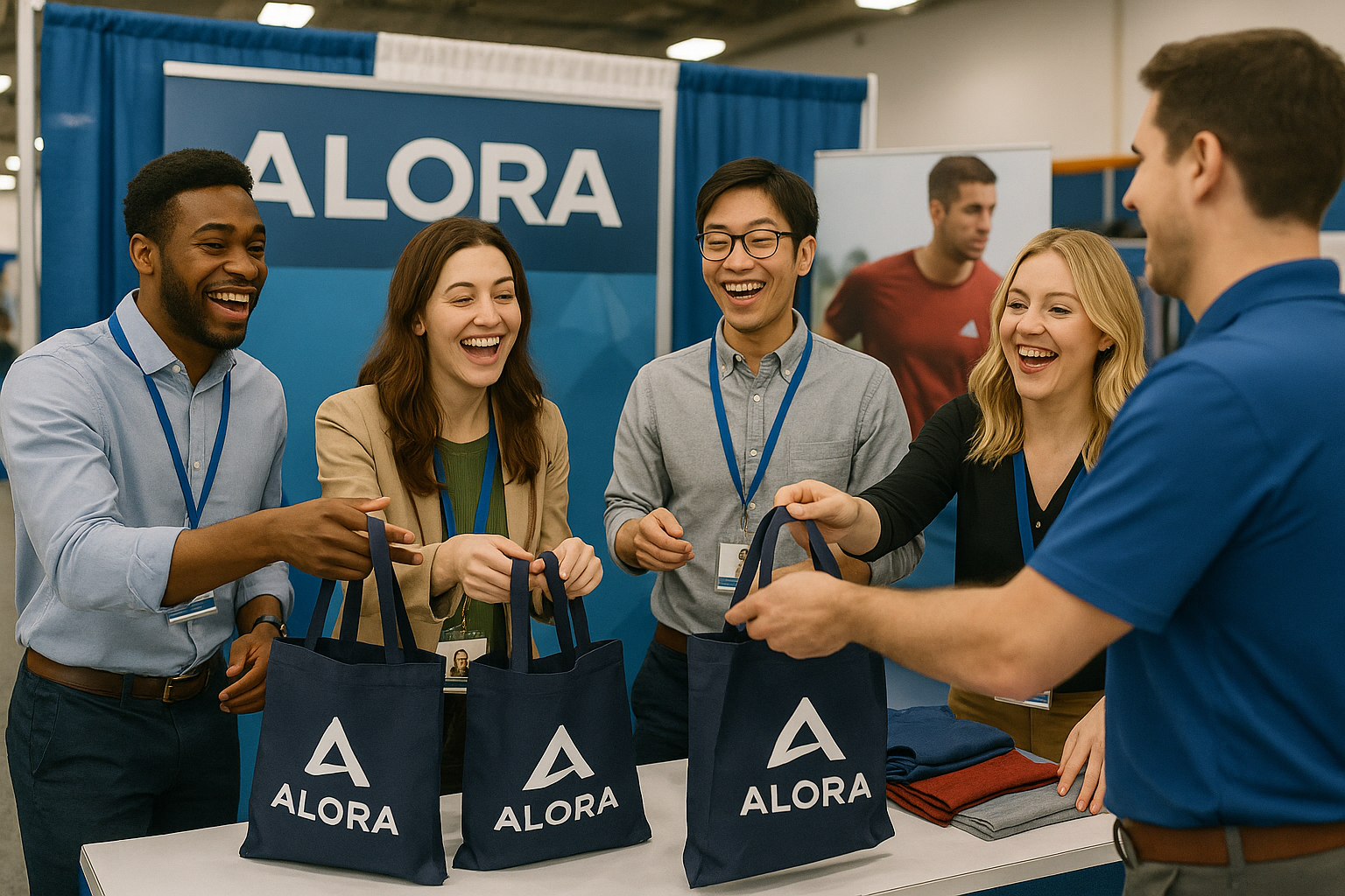customers getting giveaways at a trade show booth