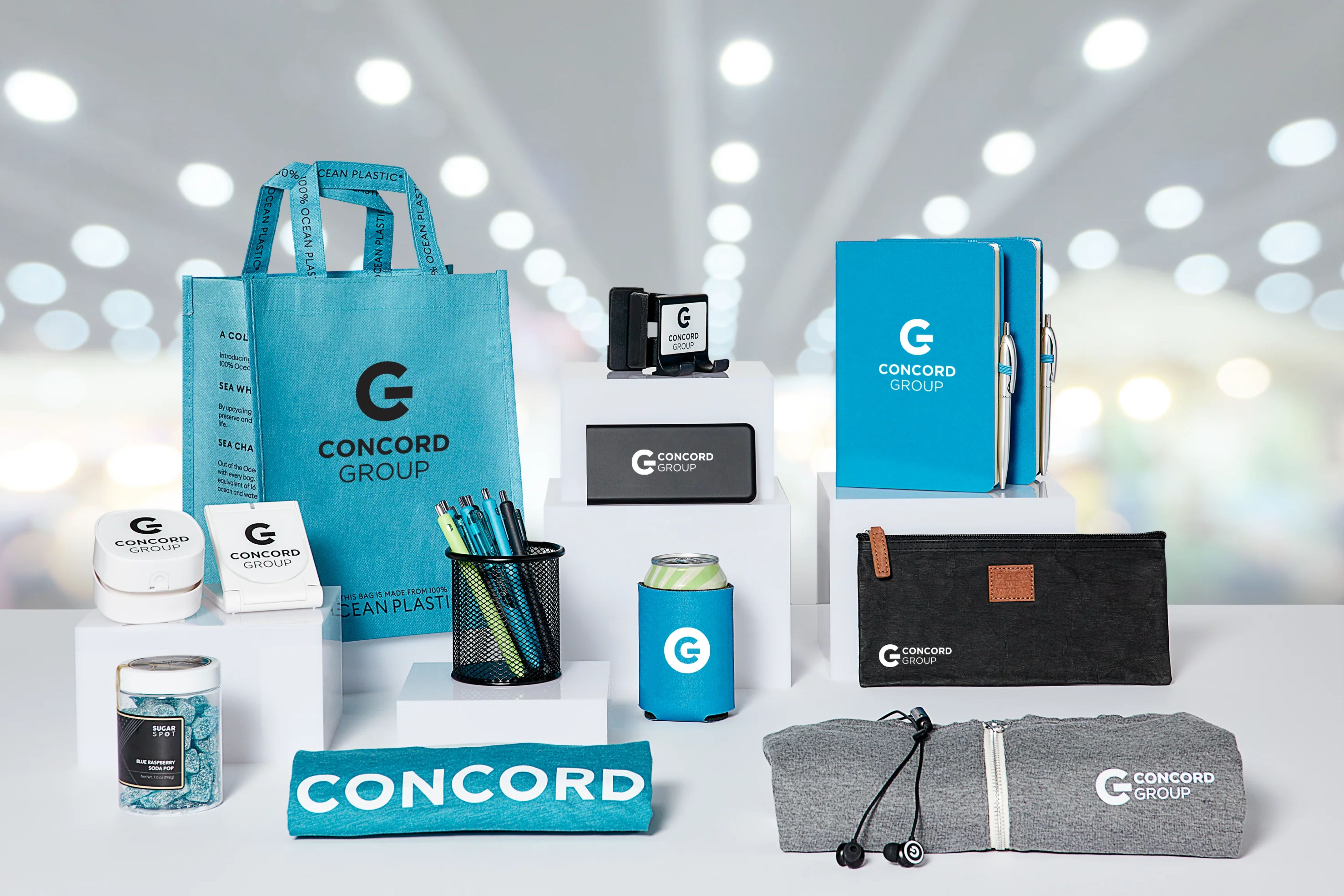 Different types of tradeshow giveaway items at a tradeshow