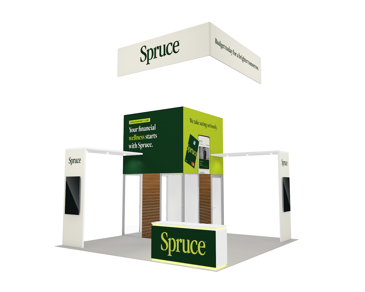 A booth with a green and white signAI-generated content may be incorrect.