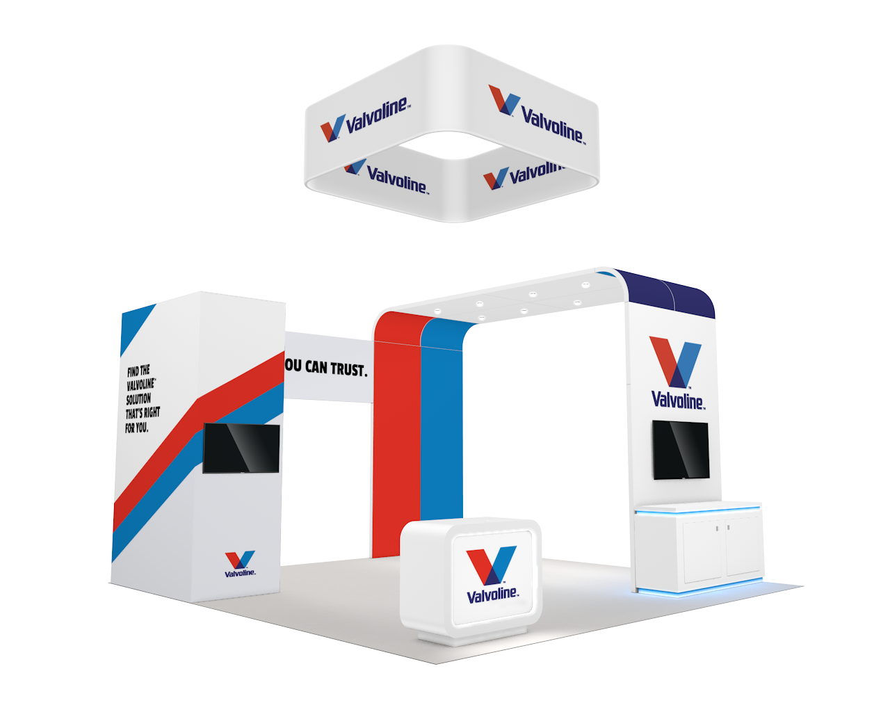 A white and red booth with blue and red textAI-generated content may be incorrect.