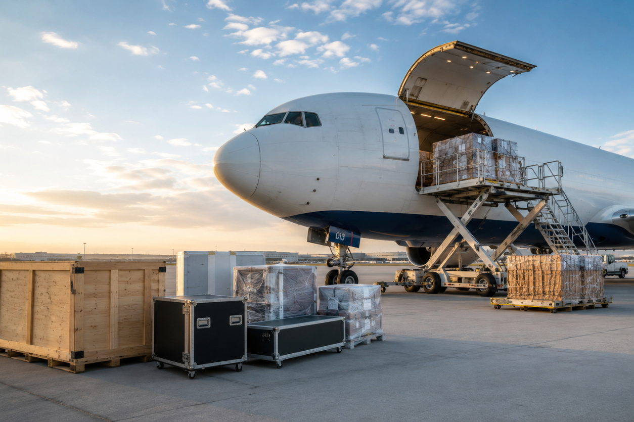 Aireplane being loaded with trade show display shipping crates