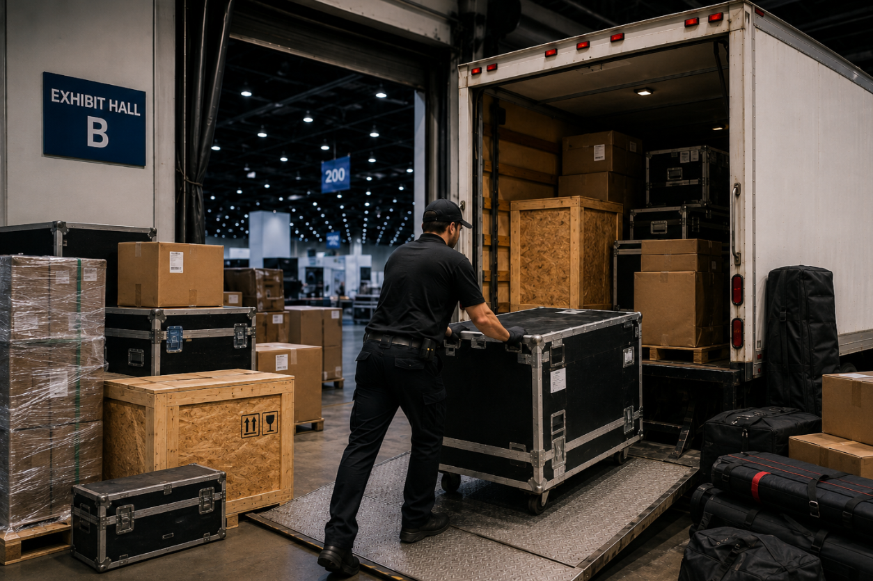 Loading a trade show booth onto a truck in a crate